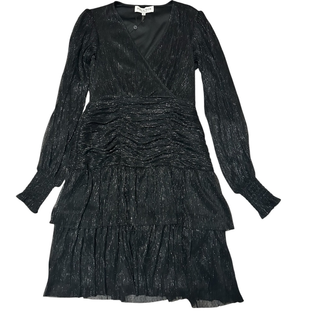 Hale Bob Women's Ellie Party Dress Small Black Shimmer Long Sleeve Glamorous